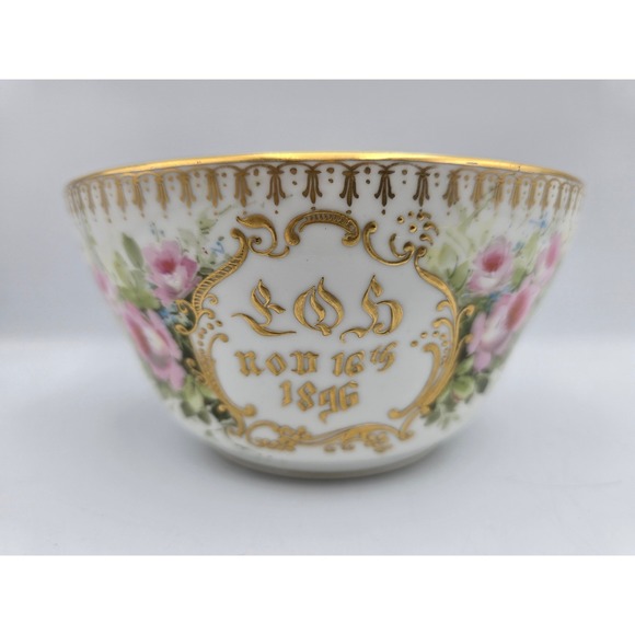 Other - Antique Hand Painted Porcelain Bowl 1896 Pink Roses‎ Gold Gilt Victorian